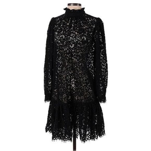 J.Crew Black Lace Puff Sleeve High Neck Ruffle Mini  Size Large - Picture 2 of 9